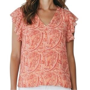 RAMY BROOK Coral Paisley Ruffle Sleeve V-Neck Blouse Size Medium